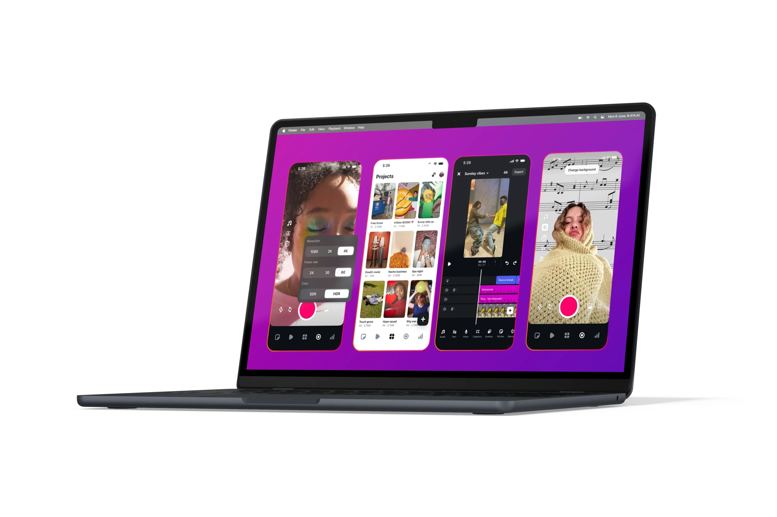 MacBook mostrando la interfaz de la app Edits de Meta con cuatro pantallas de edición de video vertical, sobre fondo morado, destacando herramientas creativas impulsadas por IA para Reels y Stories en Instagram 2025.